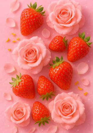 Strawberries and rose petals on pink background, top viewの素材