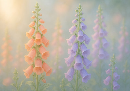 Colorful foxglove flowers in meadow, vintage tonedの素材