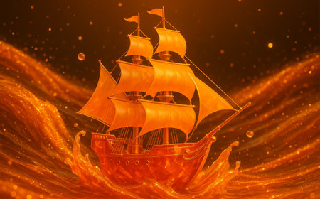 Sailing ship on fire background. 3D illustration. Vintage style.の素材
