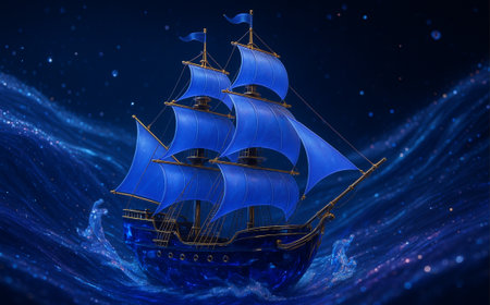 Sailing ship on a dark blue background. 3d illustration.の素材