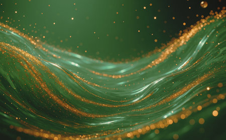 Abstract green background with glittering golden particles. 3d rendering.の素材