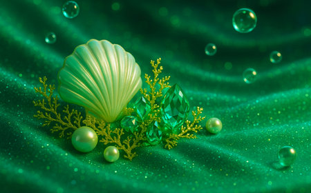 Beautiful green seashell on green satin background. 3D renderingの素材