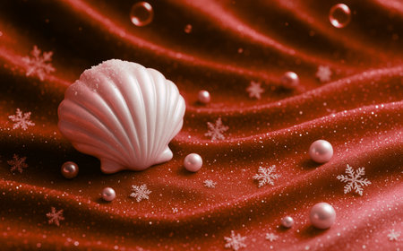 Christmas background with snowflakes and seashells on red clothの素材