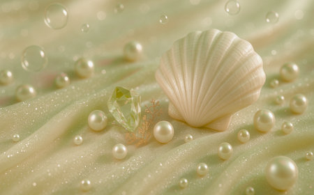 Beautiful pearls and a shell on a green satin backgroundの素材