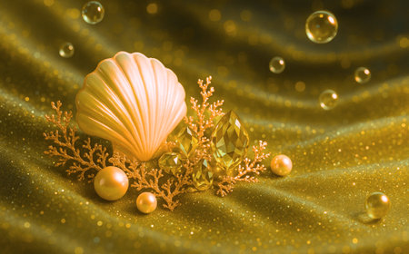golden christmas background with pearls and seashell, 3d illustrationの素材
