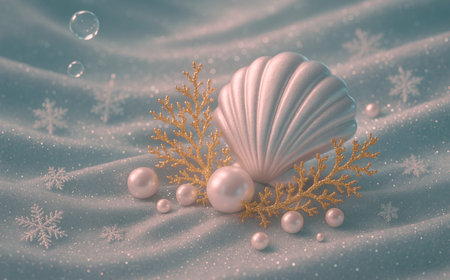 Christmas background with seashells and pearls. 3d illustrationの素材