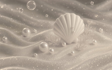 white pearl and seashell on white fabric with pearls, 3d illustrationの素材