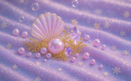Decorative seashells, pearls and beads on a purple backgroundの素材