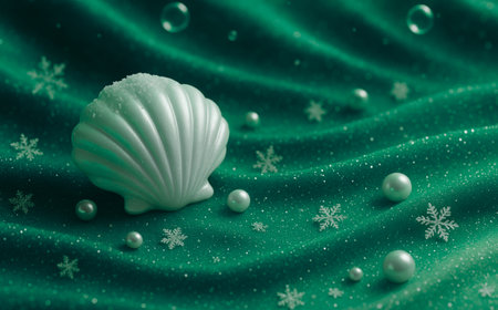 Christmas background with snowflakes and seashells, 3d renderの素材