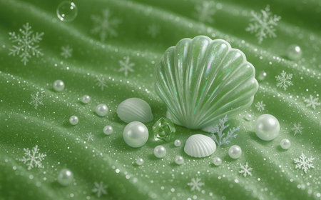 Christmas background with green seashells and snowflakes. 3d renderの素材