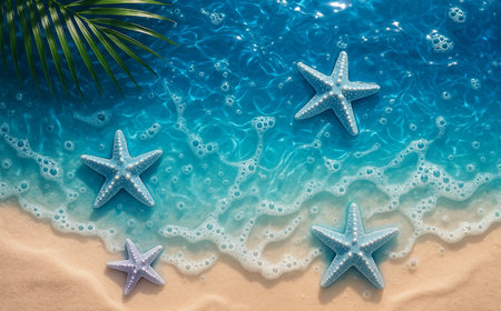 Starfishes on the beach with a palm leaf. Top viewの素材