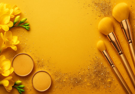 Makeup brushes and yellow flowers on yellow background. Flat lay, top viewの素材