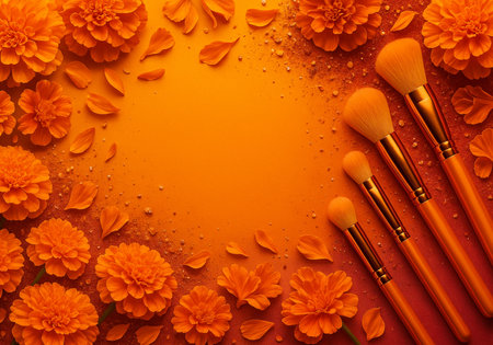 Makeup brushes and marigold flowers on orange background. Top viewの素材