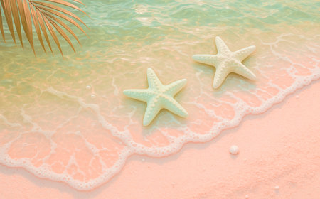 Starfish and palm leaf on the beach with soft wave background.の素材