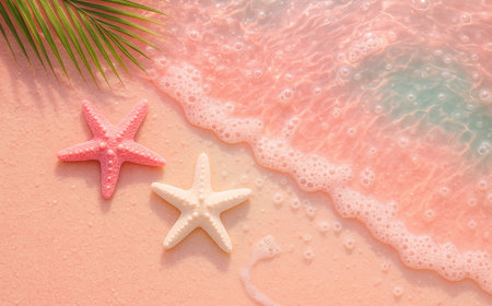 Starfish and palm leaves on pink sand beach. Summer vacation conceptの素材