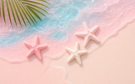Starfishes and palm leaf on pink sand background. Top viewの素材
