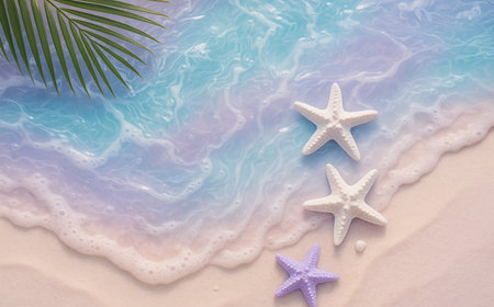 Starfish and palm leaf on the beach. Summer vacation concept.の素材
