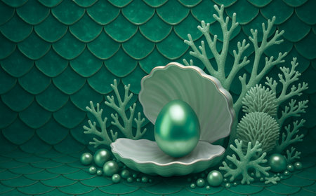 Easter background with green eggs and corals. 3D renderingの素材