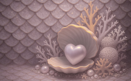Sea shell and pearl on a background of coral. 3d illustrationの素材