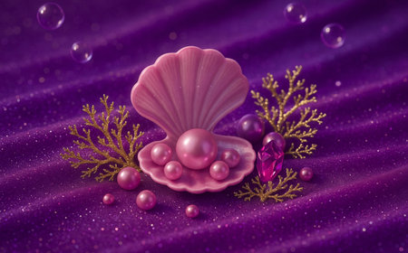 Purple background with pink seashells, pearls and bubblesの素材