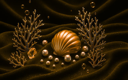 3d illustration of a golden seashell and seaweed on a black backgroundの素材