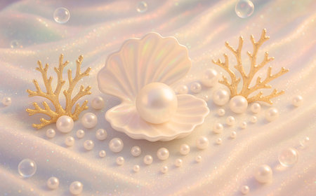Beautiful pearl and seashell on a background of pearls.の素材