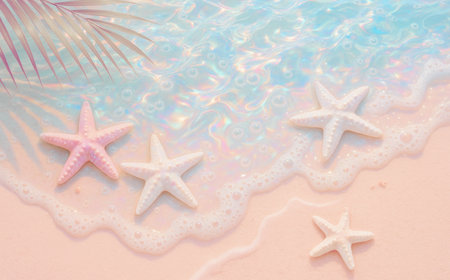 Summer background with starfish and palm leaf on the sandy beach.の素材