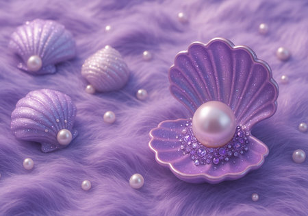 Purple background with pearls and seashells. 3d illustrationの素材
