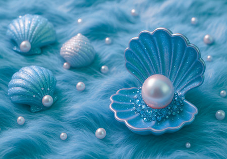 Pearl and seashells on blue fur background. 3d illustrationの素材