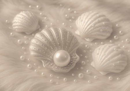 Pearl and seashells on white fur background. Toned.の素材