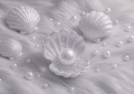 Pearl and shell on a white fur background with pearls.の素材