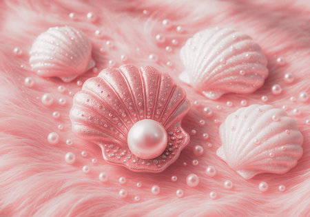Beautiful pearls and seashells on a pink fur backgroundの素材
