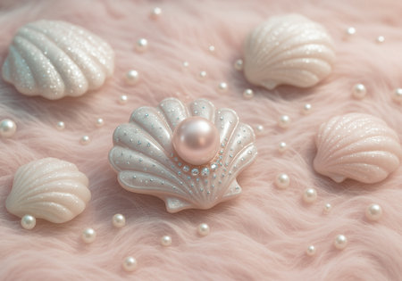 Pearl beads and seashells on pink fur background, soft focusの素材