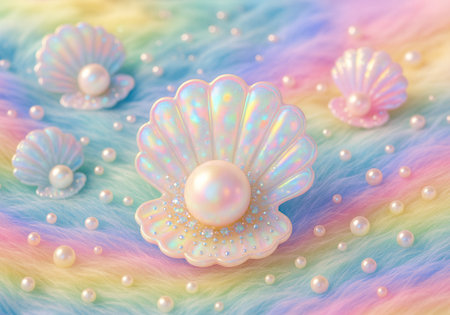 Pearl and seashells on a rainbow background. 3d illustrationの素材