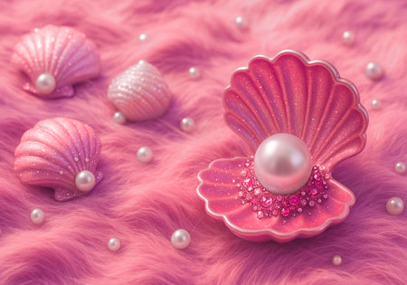 Pink background with pearls and seashells. 3d illustrationの素材