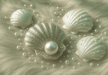 Beautiful pearls and seashells on fur background, retro tonedの素材