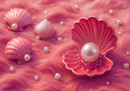 Pearl and seashells on pink fur background. 3d illustrationの素材