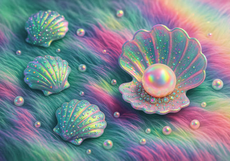 3D illustration of a pearl and seashells on colorful backgroundの素材