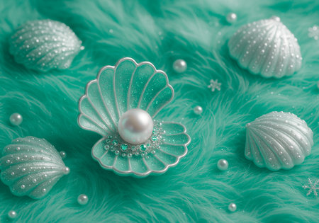 Closeup of pearls and seashells on green fur backgroundの素材