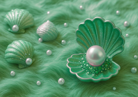 Pearl and seashells on green fur. 3d illustrationの素材