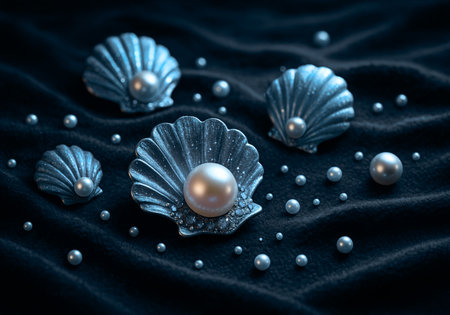 Beautiful pearls and shells on black background. 3d renderingの素材