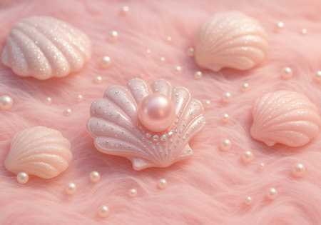 Beautiful pearls and seashells on pink fur background.の素材