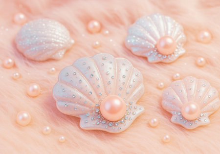 Pearl beads and seashells on pink fur background, closeupの素材