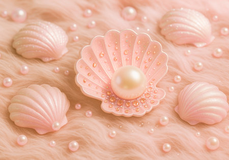 Beautiful pink seashells and pearls on a fur backgroundの素材