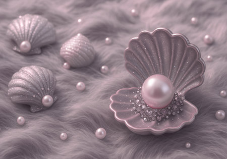 Pearl and shell on a fur background. 3D illustration.の素材