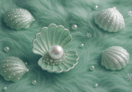 Pearl and shell on a green fur background with pearls.の素材