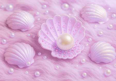 Shells and pearl on pink fur background. 3D illustration.の素材