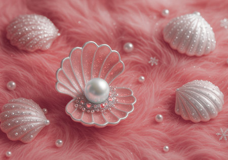 3d illustration of pink fur with decorative seashells and pearlの素材