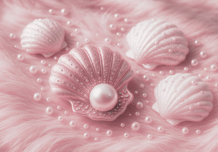 Beautiful pink background with pearls and seashells, closeupの素材