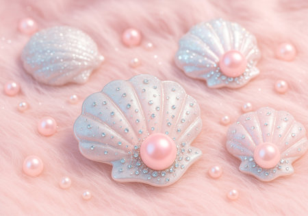 Beautiful blue seashells on pink fur background, closeupの素材